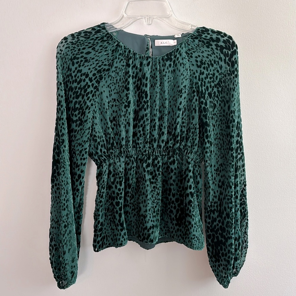 A.L.C. Revolve dark green sheer blouse with open back and velvet spot details
